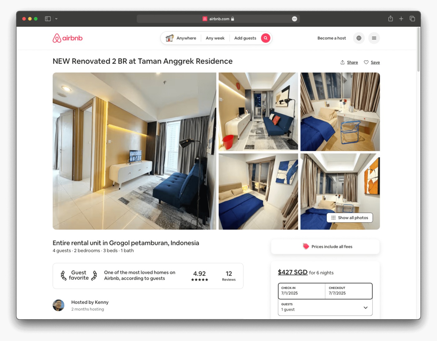 Listing Airbnb Host Kenny: 6 malam senilai SGD 427